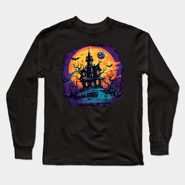 Haunted House Mansion Sunset Halloween Long Sleeve T-Shirt by tatadonets